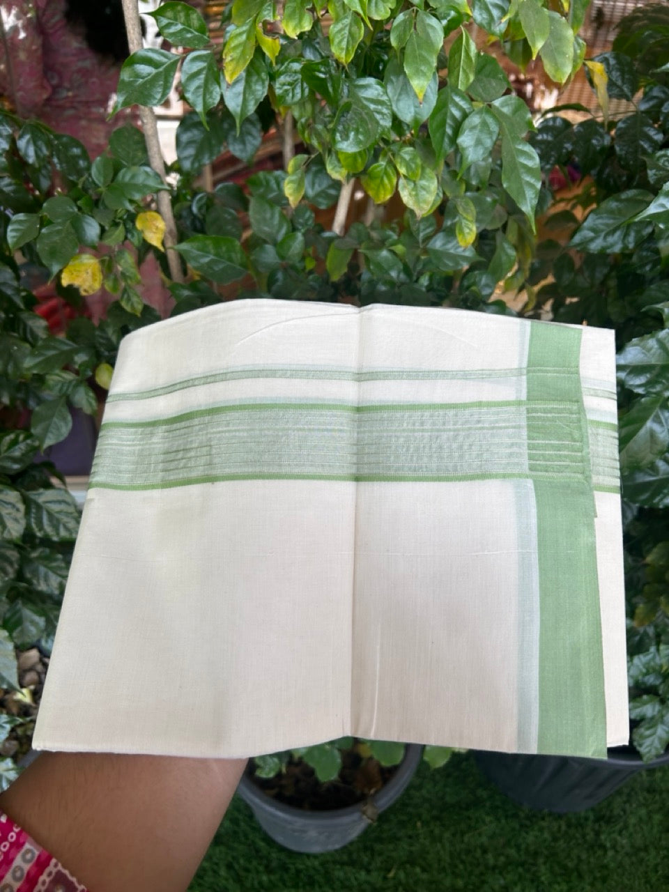 20% Discount! KaithariKada Balaramapuram Pure Cotton Double Off White Mundu/Dhoti - 100x80 - 1.75 Inch Silver Kasav & Light Green Stripes Kara 4 mtr (8.5 Muzham) - 19 KK5284 PMC