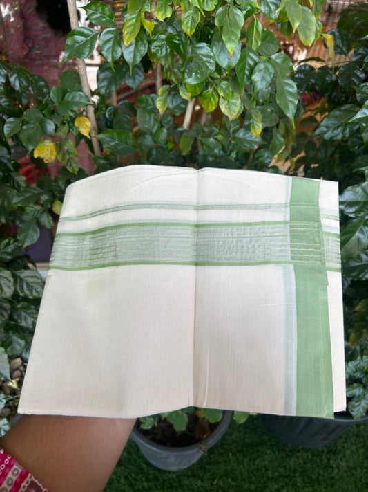 20% Discount! KaithariKada Balaramapuram Pure Cotton Double Off White Mundu/Dhoti - 100x80 - 1.75 Inch Silver Kasav & Light Green Stripes Kara 4 mtr (8.5 Muzham) - 19 KK5284 PMC