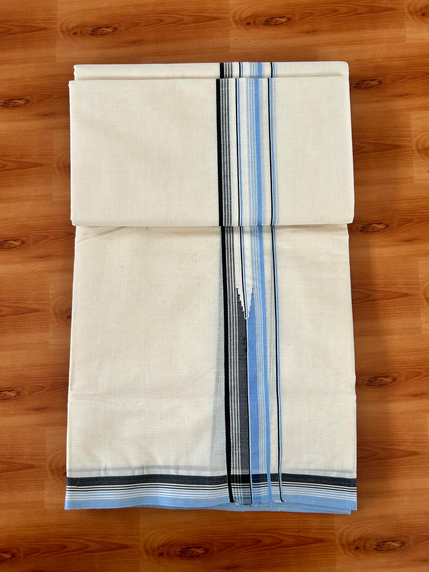 20% Discount! KaithariKada Balaramapuram 100% Cotton Double Off white Mundu/Dhoti- 100x100 - 1.5 inch Puliyilakkara Blue & Black Chutty Kara - 4 mtr (8.5 muzham) - 3 KK5420 ASH