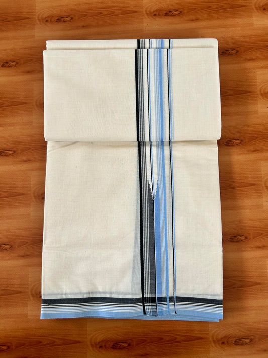 20% Discount! KaithariKada Balaramapuram 100% Cotton Double Off white Mundu/Dhoti- 100x100 - 1.5 inch Puliyilakkara Blue & Black Chutty Kara - 4 mtr (8.5 muzham) - 3 KK5420 ASH