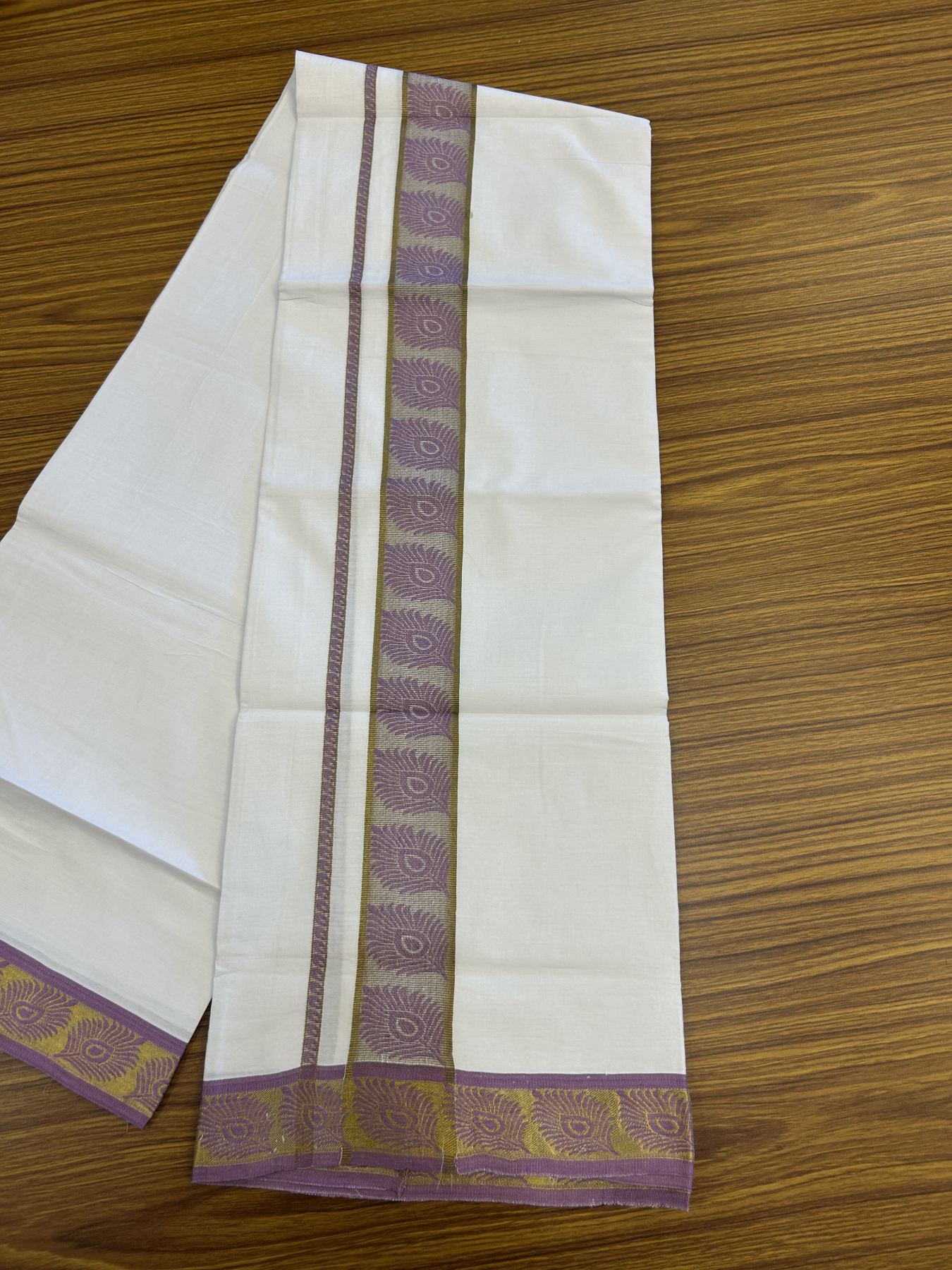 20% Discount ! KaithariKada Balaramapuram 100% Cotton Single Pure White Mundu/Dhoti - 30X70 - 1.5 inch Gold Kasav & Lavender Magenta Peacock Feather Jacquard Design kara 1.90 mtr (4 Muzham) - 6 KK5321 CJT