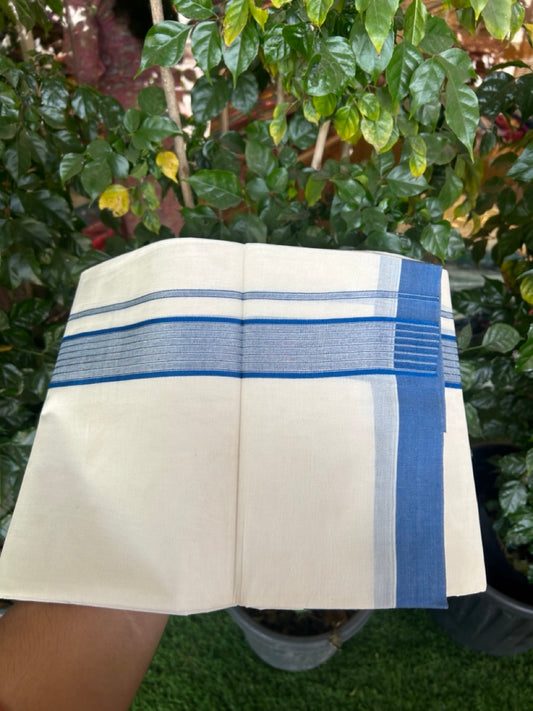 20% Discount! KaithariKada Balaramapuram Pure Cotton Double Off White Mundu/Dhoti - 100x80 - 1.75 Inch Silver Kasav & Blue Stripes Kara 4 mtr (8.5 Muzham) - 23 KK5284 PMC