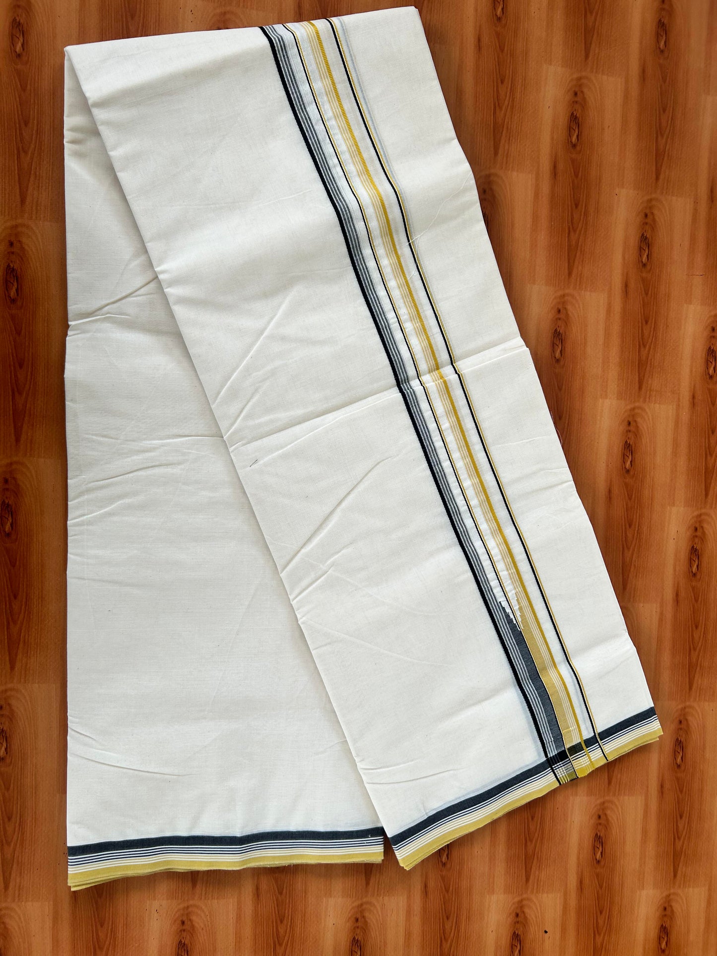 20% Discount! KaithariKada Balaramapuram 100% Cotton Double Off white Mundu/Dhoti- 100x100 - 1.5 inch Puliyilakkara Mustard Yellow & Black Chutty Kara - 4 mtr (8.5 muzham) - 4 KK5420 ASH
