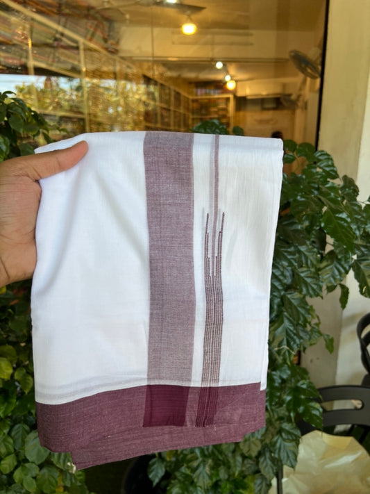 20% Discount! KaithariKada Balaramapuram 100% Cotton Double Pure white Mundu/Dhoti- 60s - 2.25 inch Wine Purple One Side Chutty kara - 3.90mtr ( 8 muzham) - 82 KK5279 CKS