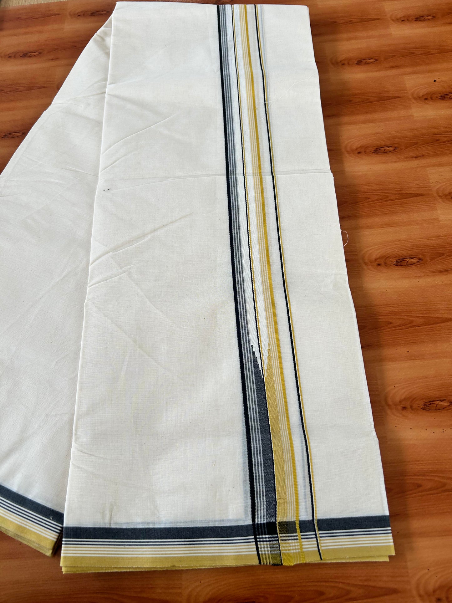 20% Discount! KaithariKada Balaramapuram 100% Cotton Double Off white Mundu/Dhoti- 100x100 - 1.5 inch Puliyilakkara Mustard Yellow & Black Chutty Kara - 4 mtr (8.5 muzham) - 4 KK5420 ASH