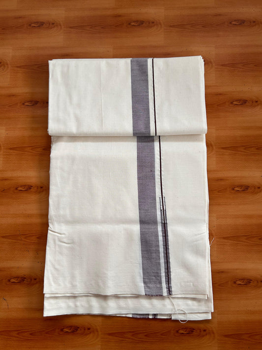 Single Mundu/Dhoti - Off White (Unbleached) 20% Discount !! KaithariKada Pulimood 100% Cotton Twisted 100s Thread - 1.25 inch Puliyilakkara Dark Brown Chutty Kara (2 meter/4 Muzham) - 5 KK5539 ASH