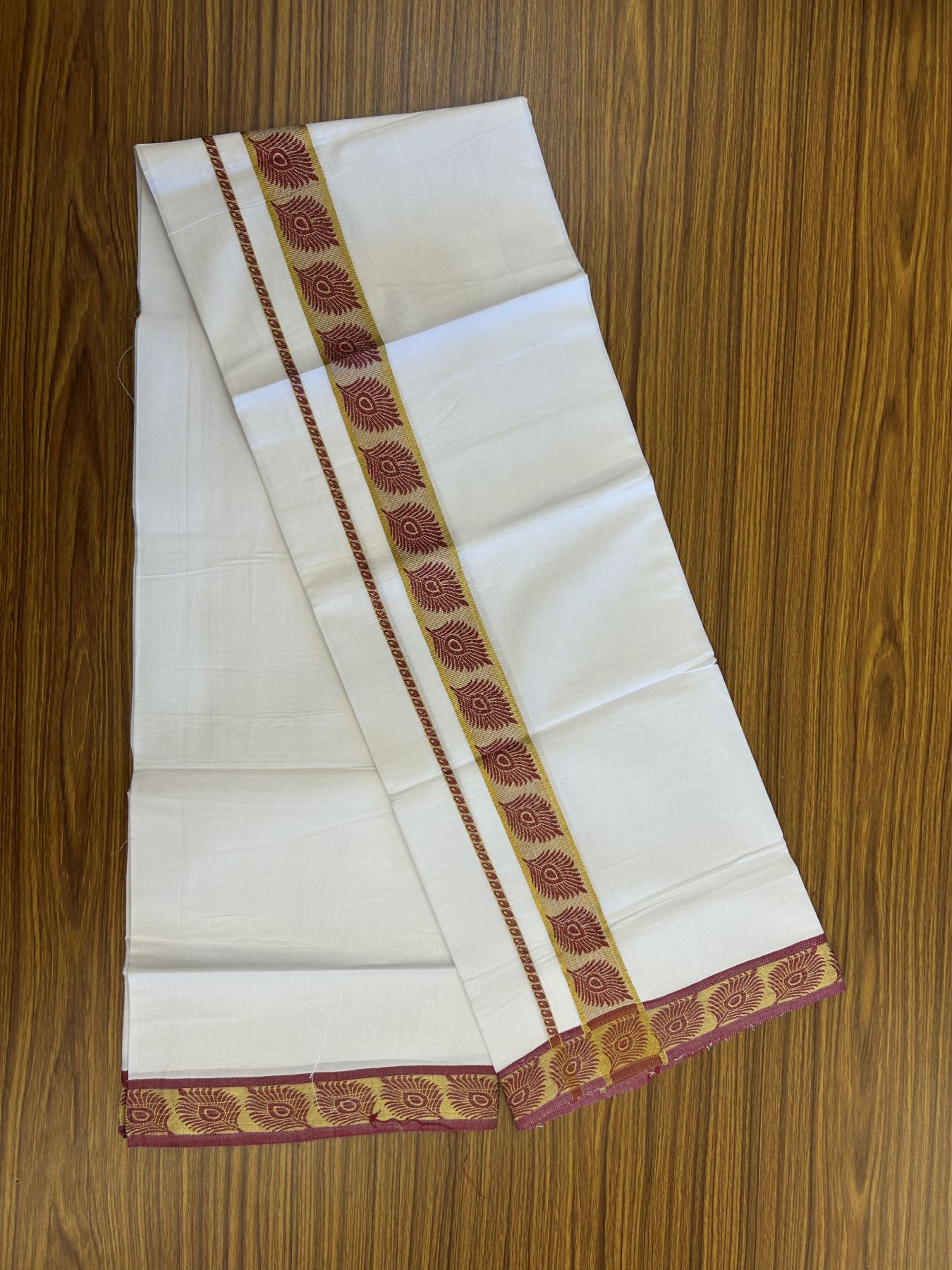 20% Discount ! KaithariKada Balaramapuram 100% Cotton Single Pure White Mundu/Dhoti - 30X70 - 1.5 inch Gold Kasav & Maroon Peacock Feather Jacquard Design kara 1.90 mtr (4 Muzham) - 7 KK5321 CJT