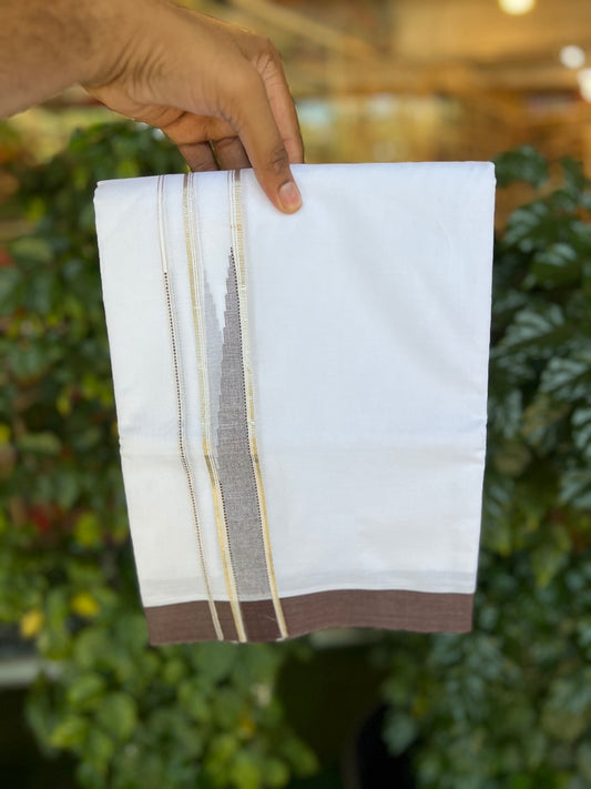 20% Discount! KaithariKada Balaramapuram 100% Cotton Double Pure white Mundu/Dhoti- 100x80 - 1.5 inch Silver & Brown heavy Chutty kara - 3.90mtr ( 8 muzham) - 76 KK5279 CKS
