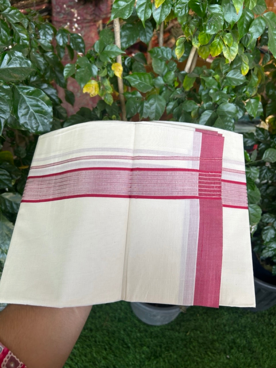 20% Discount! KaithariKada Balaramapuram Pure Cotton Double Off White Mundu/Dhoti - 100x80 - 1.75 Inch Silver Kasav & Reddish Maroon Stripes Kara 4 mtr (8.5 Muzham) - 24 KK5284 PMC