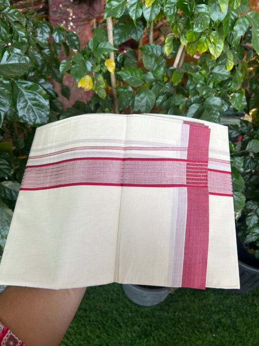 20% Discount! KaithariKada Balaramapuram Pure Cotton Double Off White Mundu/Dhoti - 100x80 - 1.75 Inch Silver Kasav & Reddish Maroon Stripes Kara 4 mtr (8.5 Muzham) - 24 KK5284 PMC