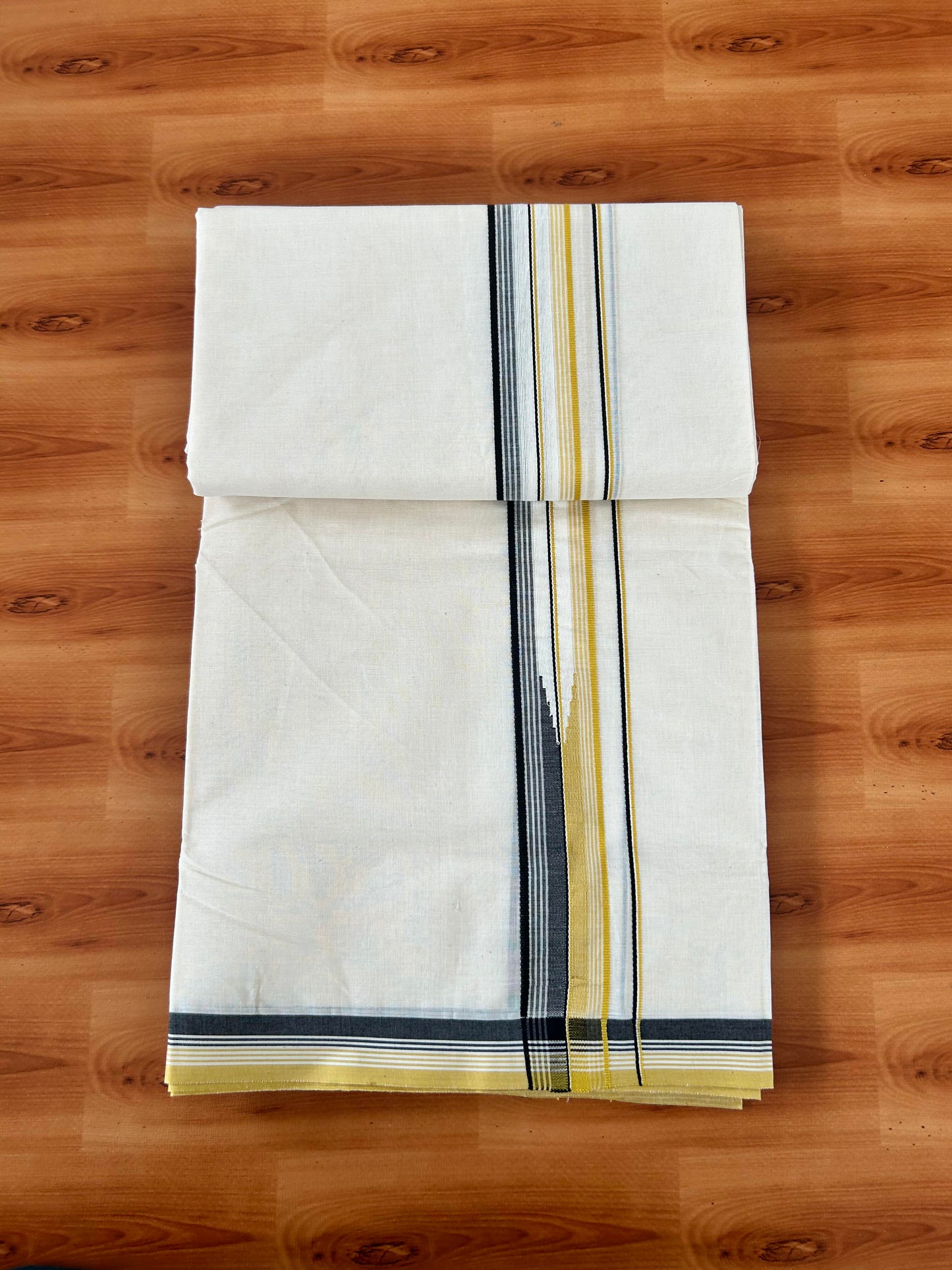20% Discount! KaithariKada Balaramapuram 100% Cotton Double Off white Mundu/Dhoti- 100x100 - 1.5 inch Puliyilakkara Mustard Yellow & Black Chutty Kara - 4 mtr (8.5 muzham) - 4 KK5420 ASH