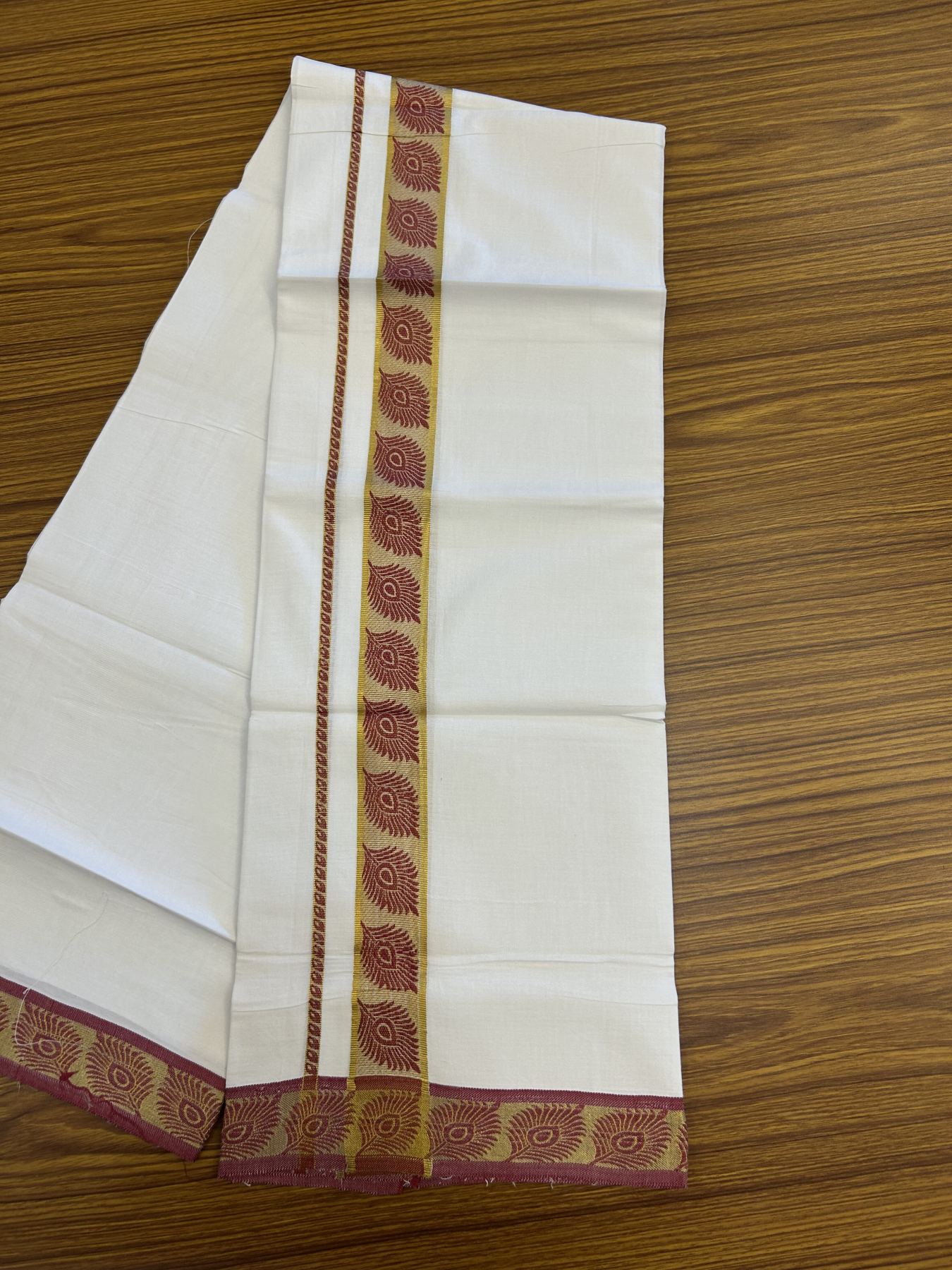 20% Discount ! KaithariKada Balaramapuram 100% Cotton Single Pure White Mundu/Dhoti - 30X70 - 1.5 inch Gold Kasav & Maroon Peacock Feather Jacquard Design kara 1.90 mtr (4 Muzham) - 7 KK5321 CJT