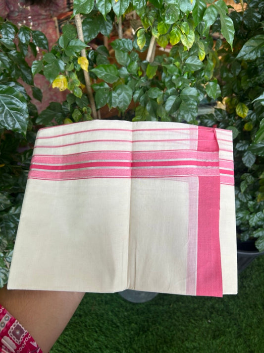 20% Discount! KaithariKada Balaramapuram Pure Cotton Double Off White Mundu/Dhoti - 100x80 - 7 Inch Silver Kasav & Pink Stripes Kara 4 mtr (8.5 Muzham) - 31 KK5284 PMC