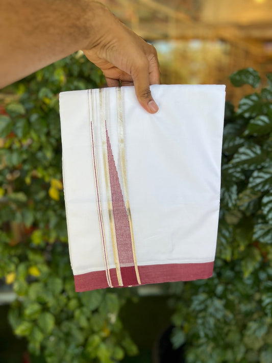 20% Discount! KaithariKada Balaramapuram 100% Cotton Double Pure white Mundu/Dhoti- 100x80 - 1.5 inch Silver & Maroon heavy Chutty kara - 3.90mtr ( 8 muzham) - 75 KK5279 CKS