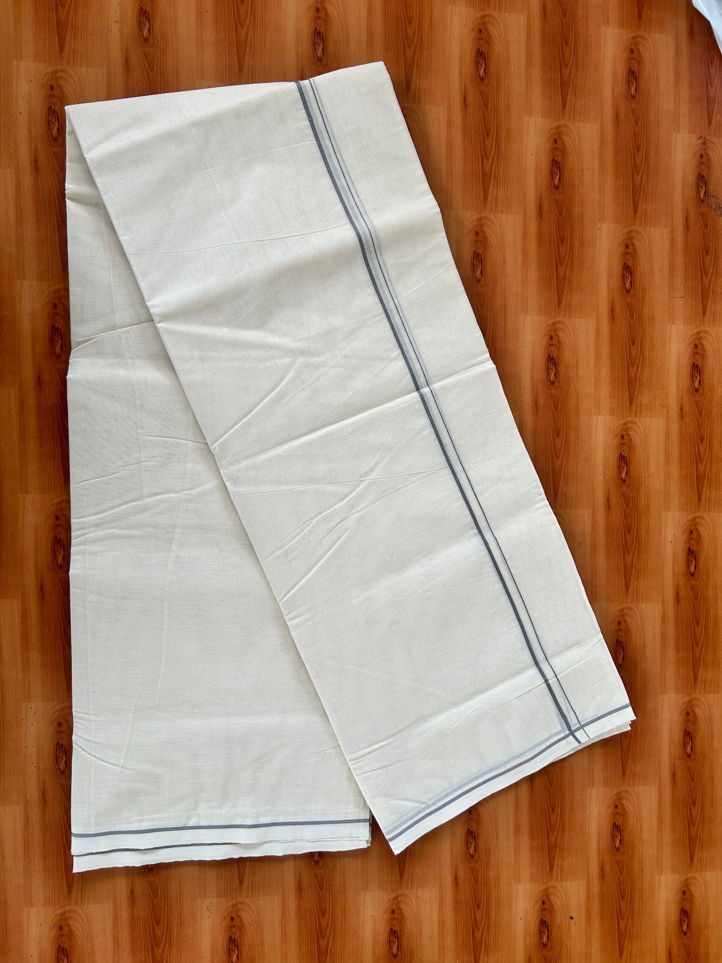 20% Discount! KaithariKada Balaramapuram 100% Cotton Double Off white - (Unbleached) - Mundu/Dhoti-100x100 - 0.3 cm  Grey Thin Kara - 4mtr (8.5 muzham) -  4 KK5420 ASH