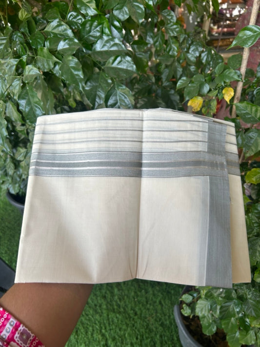 20% Discount! KaithariKada Balaramapuram Pure Cotton Double Off White Mundu/Dhoti - 100x80 - 7 Inch Silver Kasav & Grey Stripes Kara 4 mtr (8.5 Muzham) - 30 KK5284 PMC