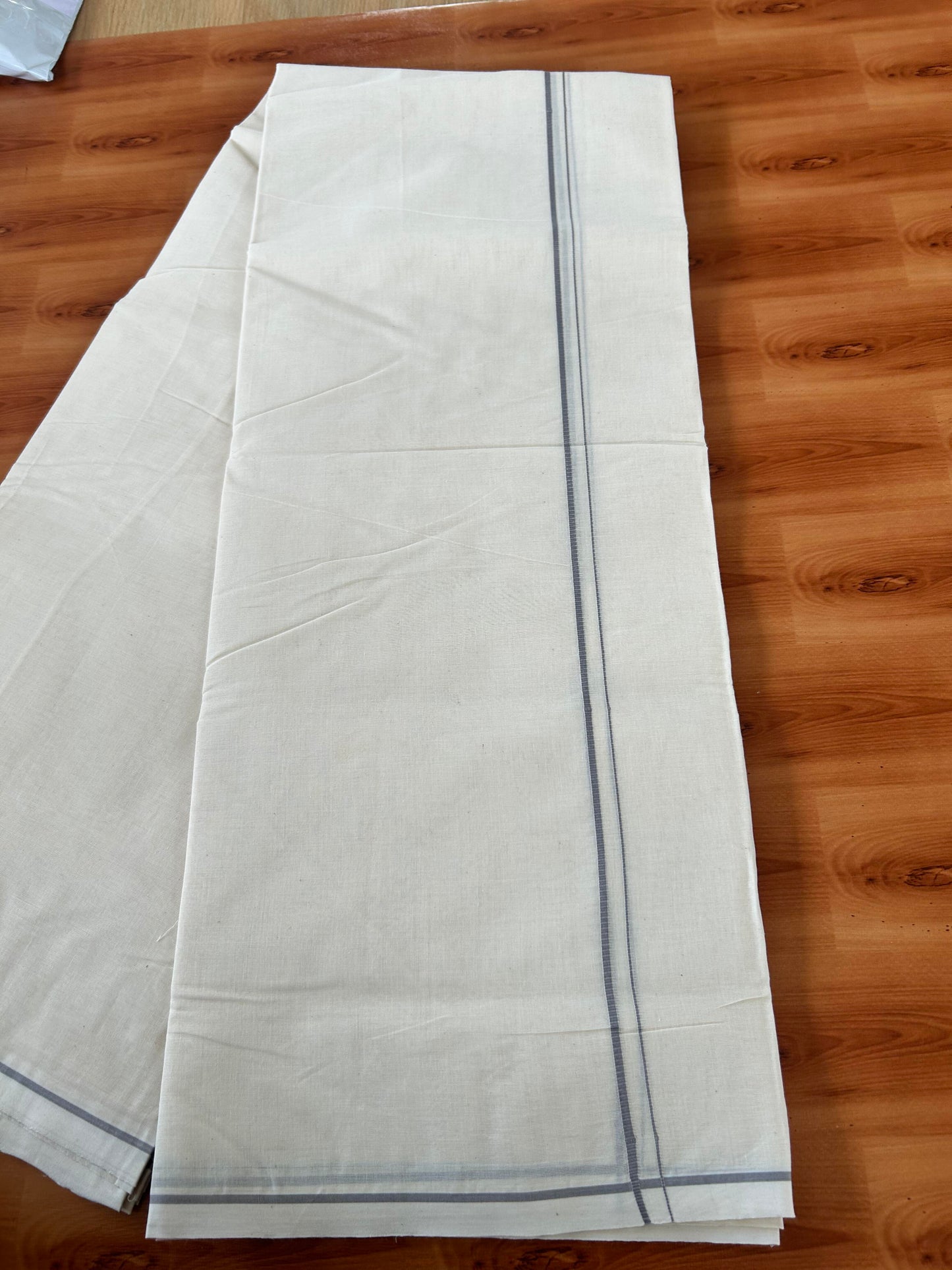 20% Discount! KaithariKada Balaramapuram 100% Cotton Double Off white - (Unbleached) - Mundu/Dhoti-100x100 - 0.3 cm  Grey Thin Kara - 4mtr (8.5 muzham) -  4 KK5420 ASH