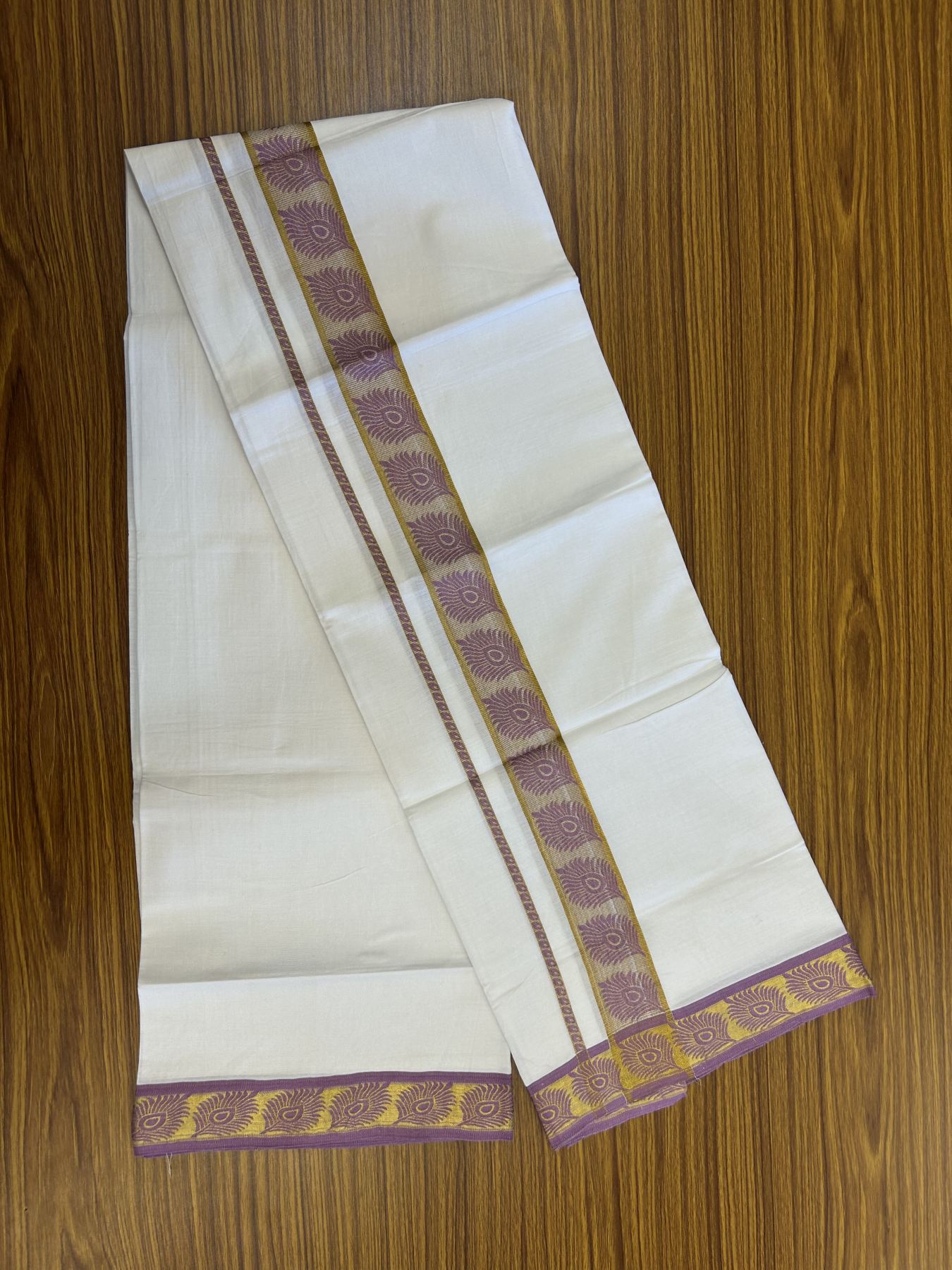 20% Discount ! KaithariKada Balaramapuram 100% Pure Cotton Single Pure White Mundu/Dhoti - 30X70 - 1.5 inch Gold Kasav &amp; Lavender Magenta Peacock Feather Jacquard Design kara 1.90 mtr (4 Muzham) - 8 KK5321 CJT