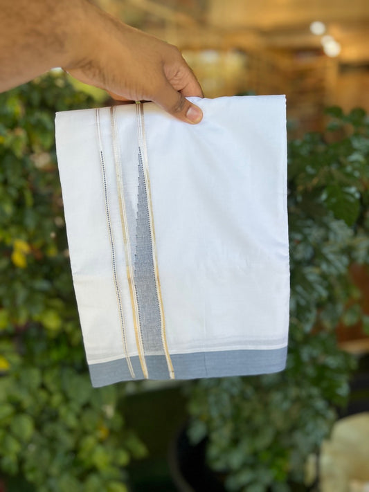 20% Discount! KaithariKada Balaramapuram 100% Cotton Double Pure white Mundu/Dhoti- 100x80 - 1.5 inch Silver & Ash Blue heavy Chutty kara - 3.90mtr ( 8 muzham) - 74 KK5279 CKS