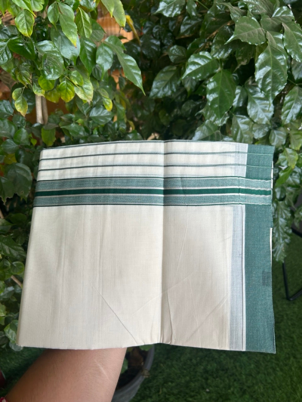 20% Discount! KaithariKada Balaramapuram Pure Cotton Double Off White Mundu/Dhoti - 100x80 - 7 Inch Silver Kasav & Green Stripes Kara 4 mtr (8.5 Muzham) - 29 KK5284 PMC