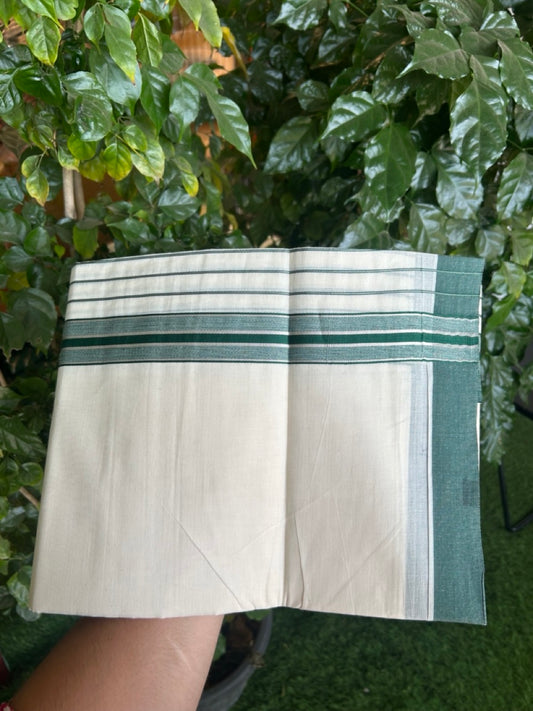 20% Discount! KaithariKada Balaramapuram Pure Cotton Double Off White Mundu/Dhoti - 100x80 - 7 Inch Silver Kasav & Green Stripes Kara 4 mtr (8.5 Muzham) - 29 KK5284 PMC
