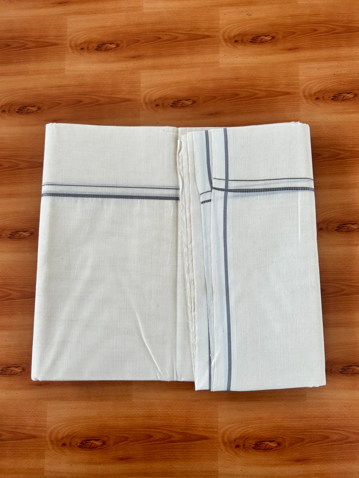 20% Discount! KaithariKada Balaramapuram 100% Cotton Double Off white - (Unbleached) - Mundu/Dhoti-100x100 - 0.3 cm  Grey Thin Kara - 4mtr (8.5 muzham) -  4 KK5420 ASH