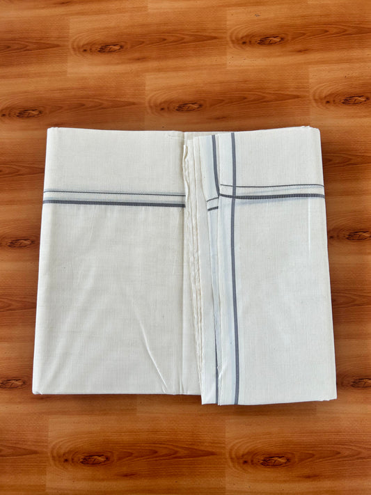 20% Discount! KaithariKada Balaramapuram 100% Cotton Double Off white - (Unbleached) - Mundu/Dhoti-100x100 - 0.3 cm  Grey Thin Kara - 4mtr (8.5 muzham) -  4 KK5420 ASH