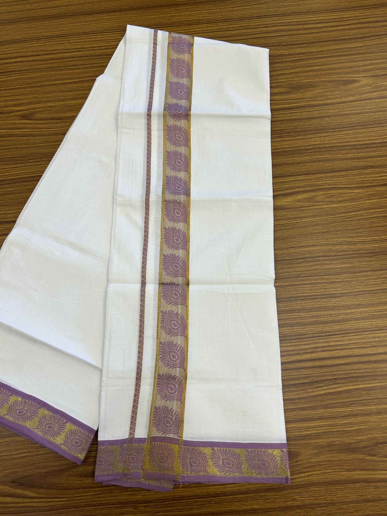 20% Discount ! KaithariKada Balaramapuram 100% Pure Cotton Single Pure White Mundu/Dhoti - 30X70 - 1.5 inch Gold Kasav &amp; Lavender Magenta Peacock Feather Jacquard Design kara 1.90 mtr (4 Muzham) - 8 KK5321 CJT