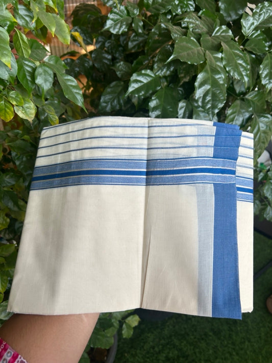 20% Discount! KaithariKada Balaramapuram Pure Cotton Double Off White Mundu/Dhoti - 100x80 - 7 Inch Silver Kasav & Royal Blue Stripes Kara 4 mtr (8.5 Muzham) - 32 KK5284 PMC