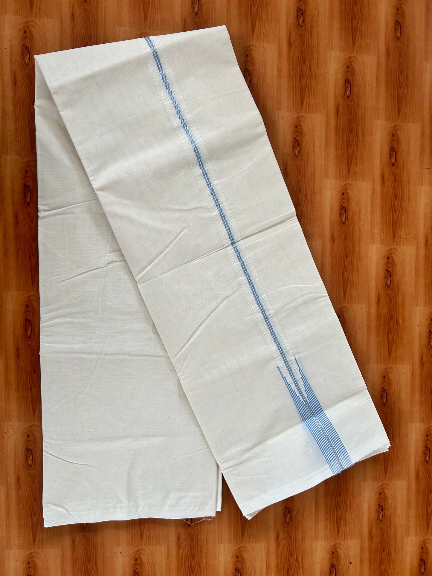 20% Discount! KaithariKada Balaramapuram 100% Cotton Off White Double (Unbleached) Mundu/Dhoti-100x100 - 1 Inch Puliyilakkara Silver Kasav & Light Blue Striped Chutty Kara - 3.70mtr (7.93 muzham ) - 5 KK5420 ASH