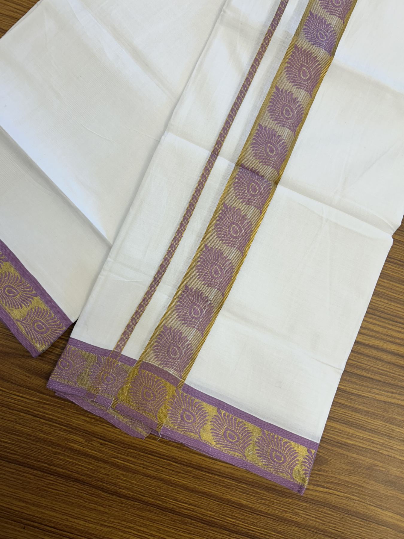 20% Discount ! KaithariKada Balaramapuram 100% Pure Cotton Single Pure White Mundu/Dhoti - 30X70 - 1.5 inch Gold Kasav &amp; Lavender Magenta Peacock Feather Jacquard Design kara 1.90 mtr (4 Muzham) - 8 KK5321 CJT