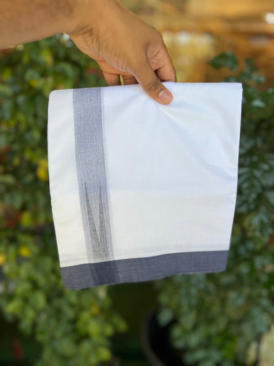 20% Discount! KaithariKada Balaramapuram 100% Cotton Double Pure white Mundu/Dhoti- 100x80 - 1.5 inch Puliyilakkara  Navy Blue Shaded Chutty Kara - 3.90 mtr (8 muzham)  - 60 KK5279 CKS