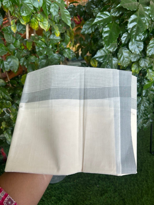 21% Discount! KaithariKada Balaramapuram 100% Cotton Off white (Unbleached) Double Mundu/Dhoti - 100x80 - 7.25 inch Grey Stripes Kara 4 mtr (8.5 muzham) - 37 KK5284 PMC