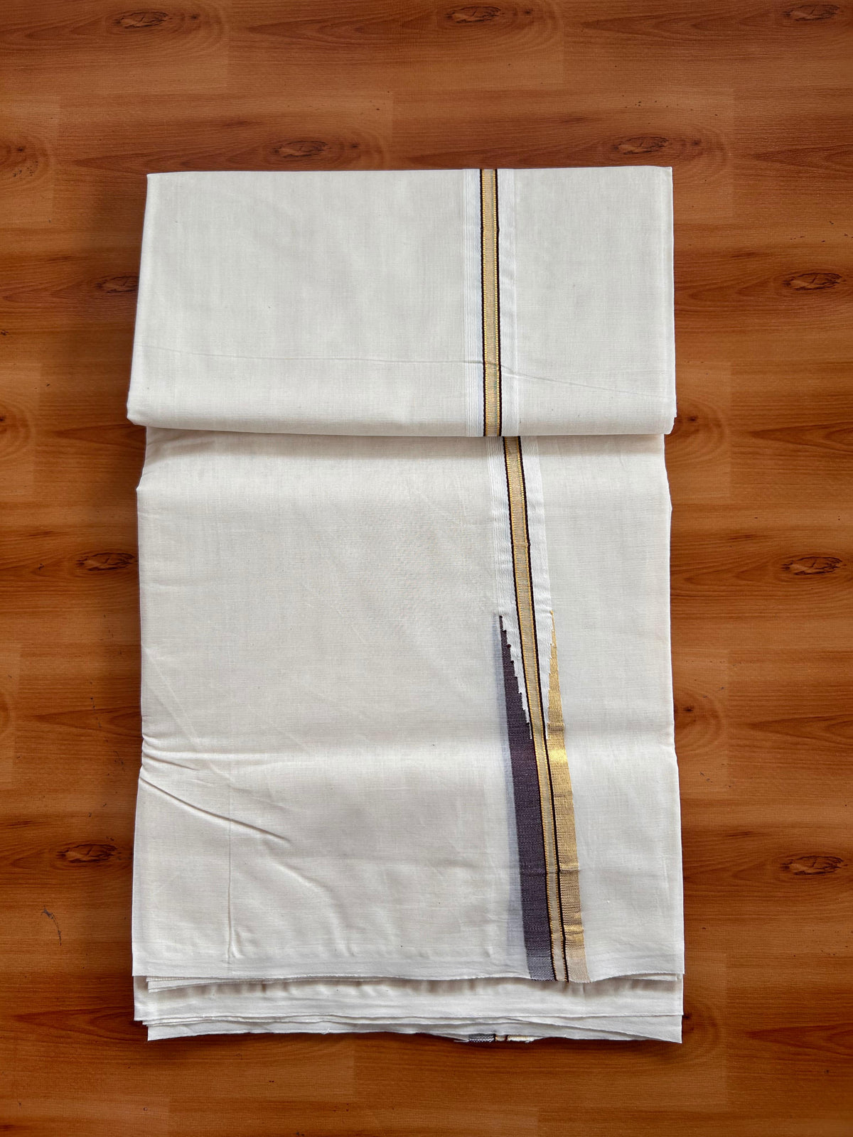 Double Off white Mundu/Dhoti - 20% Discount! KaithariKada 100% Cotton - 100x100 - 1 inch Puliyilakkara Gold Kasav & Brown Chutty Kara 4 mtr (8.5 muzham) - 8 KK5539 ASH