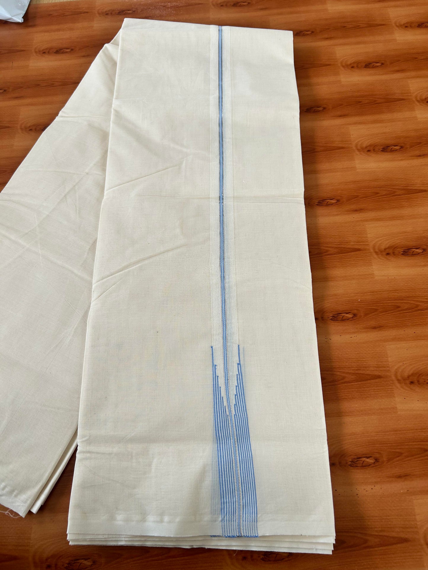 20% Discount! KaithariKada Balaramapuram 100% Cotton Off White Double (Unbleached) Mundu/Dhoti-100x100 - 1 Inch Puliyilakkara Silver Kasav & Light Blue Striped Chutty Kara - 3.70mtr (7.93 muzham ) - 5 KK5420 ASH