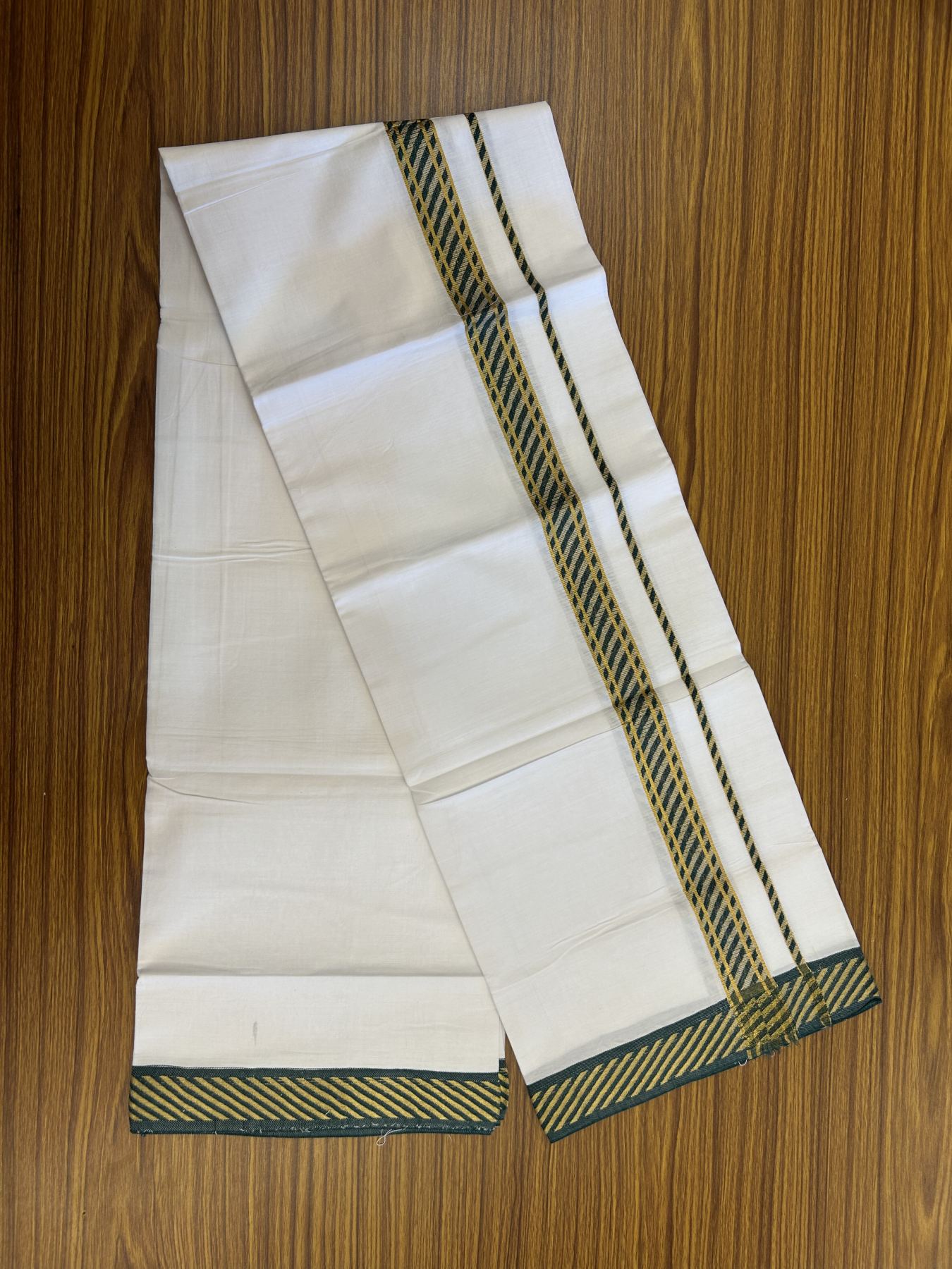20% Discount ! KaithariKada Balaramapuram 100% Pure Cotton Single Pure White Mundu/Dhoti - 30X70 - 1 inch Gold Kasav & Green Jacquard Design kara 1.90 mtr (4 Muzham) - 9 KK5321 CJT