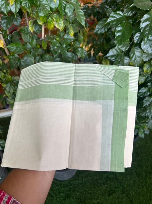 21% Discount! KaithariKada Balaramapuram 100% Cotton Off white (Unbleached) Double Mundu/Dhoti - 100x80 - 7.25 inch Pista Green Stripes Kara 4 mtr (8.5 muzham) - 35 KK5284 PMC