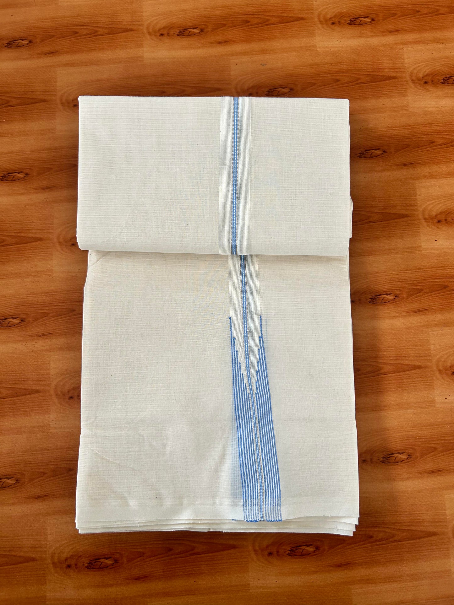 20% Discount! KaithariKada Balaramapuram 100% Cotton Off White Double (Unbleached) Mundu/Dhoti-100x100 - 1 Inch Puliyilakkara Silver Kasav & Light Blue Striped Chutty Kara - 3.70mtr (7.93 muzham ) - 5 KK5420 ASH