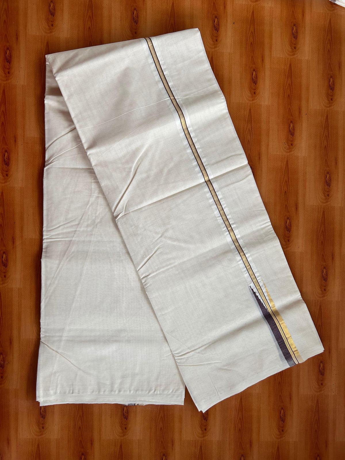 Double Off white Mundu/Dhoti - 20% Discount! KaithariKada 100% Cotton - 100x100 - 1 inch Puliyilakkara Gold Kasav & Brown Chutty Kara 4 mtr (8.5 muzham) - 8 KK5539 ASH