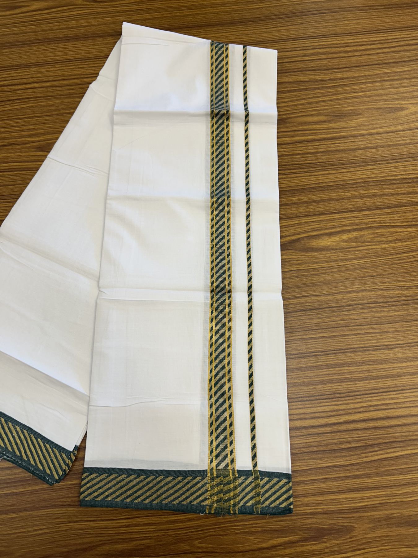 20% Discount ! KaithariKada Balaramapuram 100% Pure Cotton Single Pure White Mundu/Dhoti - 30X70 - 1 inch Gold Kasav & Green Jacquard Design kara 1.90 mtr (4 Muzham) - 9 KK5321 CJT