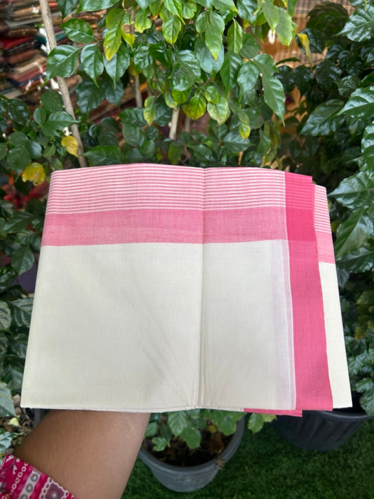 21% Discount! KaithariKada Balaramapuram 100% Cotton Off white (Unbleached) Double Mundu/Dhoti - 100x80 - 7.25 inch Dark Pink Stripes Kara 4 mtr (8.5 muzham) - 36 KK5284 PMC