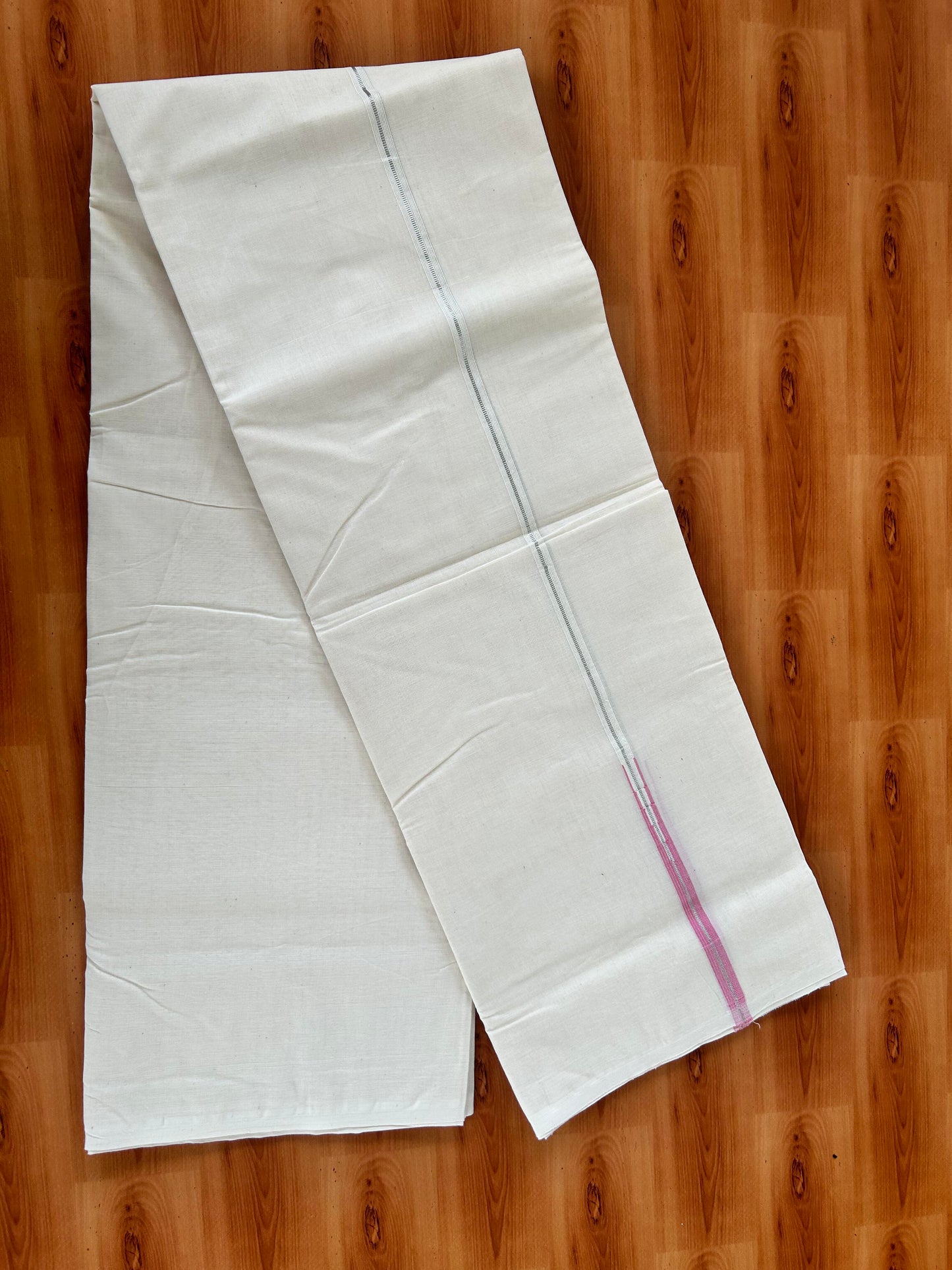 20% Discount! KaithariKada Balaramapuram 100% Cotton Off White Double (Unbleached) Mundu/Dhoti-100x100 - 1 cm Puliyilakkara Silver Kasav & Pink Chutty Kara - 3.70mtr (7.93 muzham ) - 6 KK5420 ASH