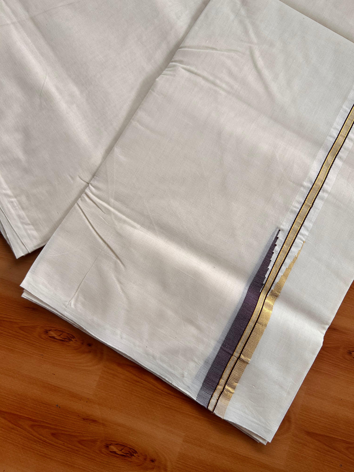 Double Off white Mundu/Dhoti - 20% Discount! KaithariKada 100% Cotton - 100x100 - 1 inch Puliyilakkara Gold Kasav & Brown Chutty Kara 4 mtr (8.5 muzham) - 8 KK5539 ASH