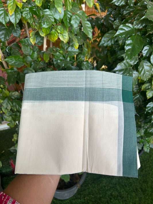 21% Discount! KaithariKada Balaramapuram 100% Cotton Off white (Unbleached) Double Mundu/Dhoti - 100x80 - 7.25 inch Green Stripes Kara 4 mtr (8.5 muzham) - 34 KK5284 PMC