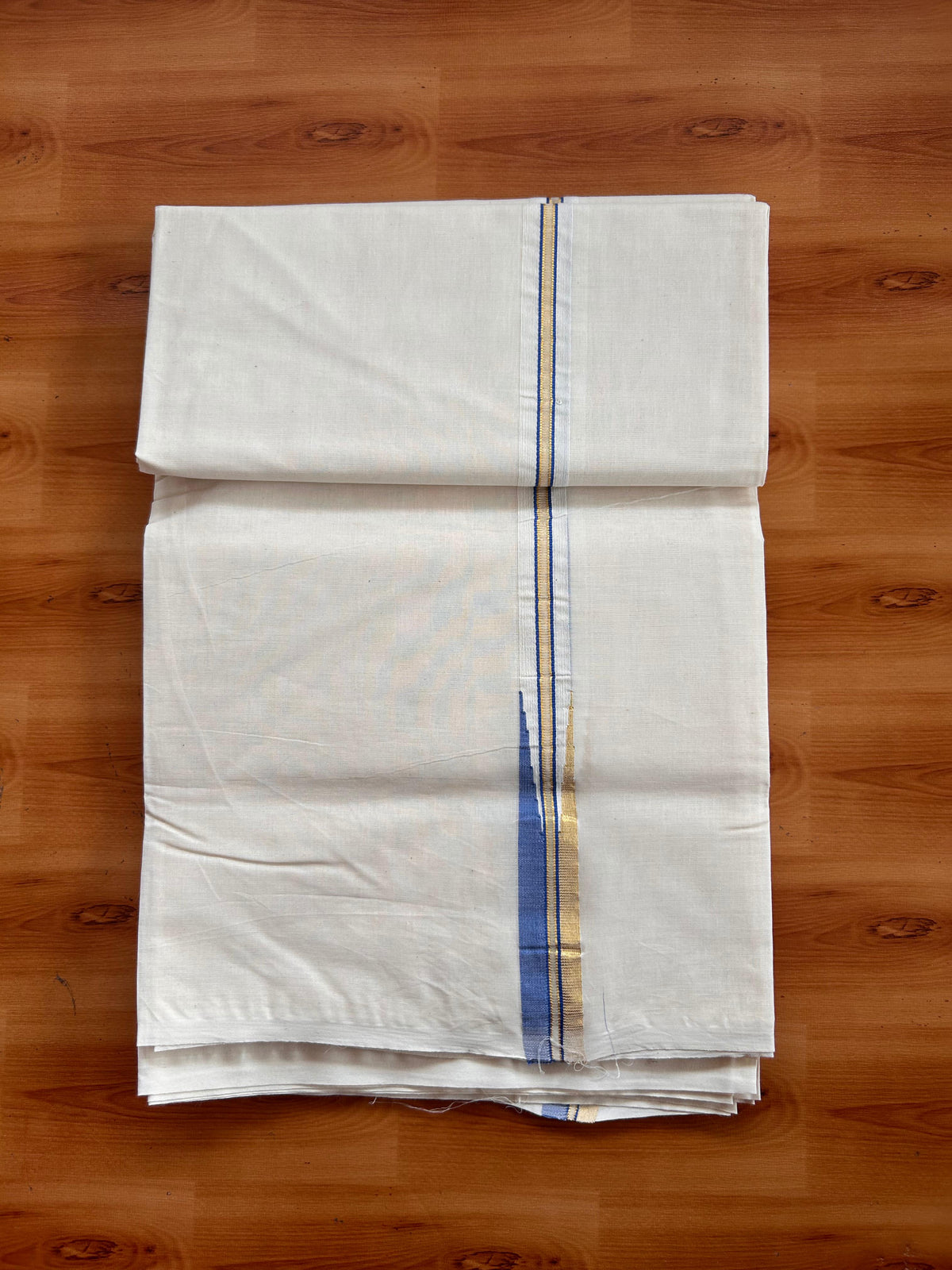 Double Off white Mundu/Dhoti - 20% Discount! KaithariKada 100% Cotton - 100x100 - 1 inch Puliyilakkara Gold Kasav & Blue Chutty Kara 4 mtr (8.5 muzham) - 7 KK5539 ASH