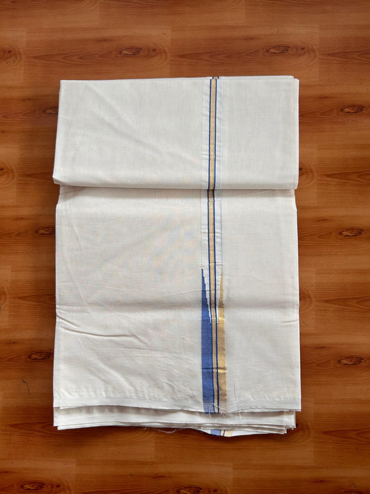 Double Off white Mundu/Dhoti - 20% Discount! KaithariKada 100% Cotton - 100x100 - 1 inch Puliyilakkara Gold Kasav & Blue Chutty Kara 4 mtr (8.5 muzham) - 7 KK5539 ASH