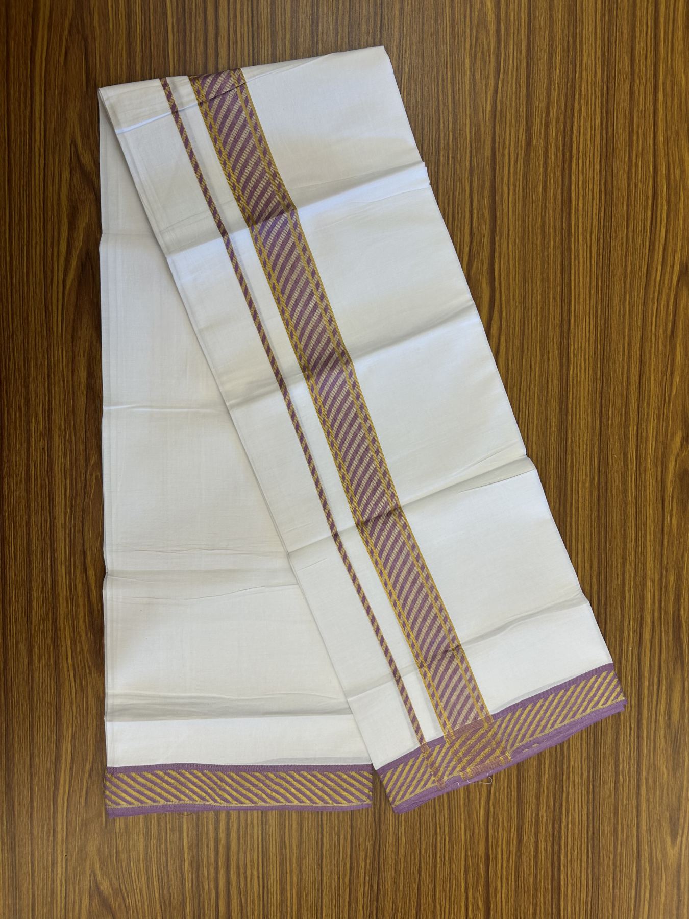 20% Discount ! KaithariKada Balaramapuram 100% Pure Cotton Single Pure White Mundu/Dhoti - 30X70 - 1.5 inch Gold Kasav & Lavender Magenta Jacquard Design kara 1.90 mtr (4 Muzham) - 10 KK5321 CJT