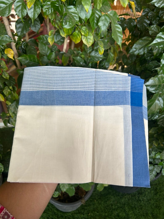 21% Discount! KaithariKada Balaramapuram 100% Cotton Off white (Unbleached) Double Mundu/Dhoti - 100x80 - 7.25 inch Blue Stripes Kara 4 mtr (8.5 muzham) - 33 KK5284 PMC