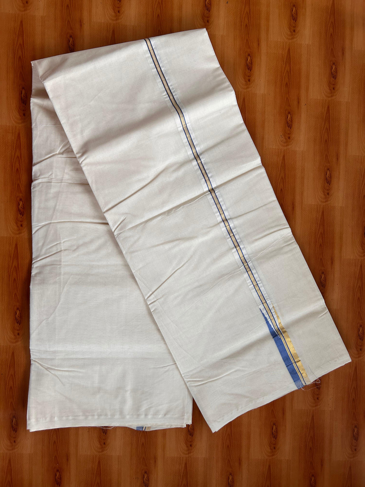 Double Off white Mundu/Dhoti - 20% Discount! KaithariKada 100% Cotton - 100x100 - 1 inch Puliyilakkara Gold Kasav & Blue Chutty Kara 4 mtr (8.5 muzham) - 7 KK5539 ASH