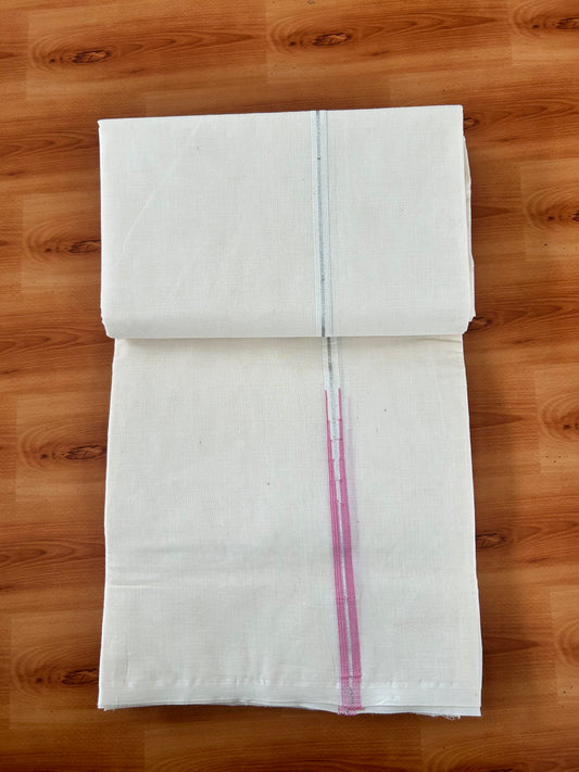 20% Discount! KaithariKada Balaramapuram 100% Cotton Off White Double (Unbleached) Mundu/Dhoti-100x100 - 1 cm Puliyilakkara Silver Kasav & Pink Chutty Kara - 3.70mtr (7.93 muzham ) - 6 KK5420 ASH